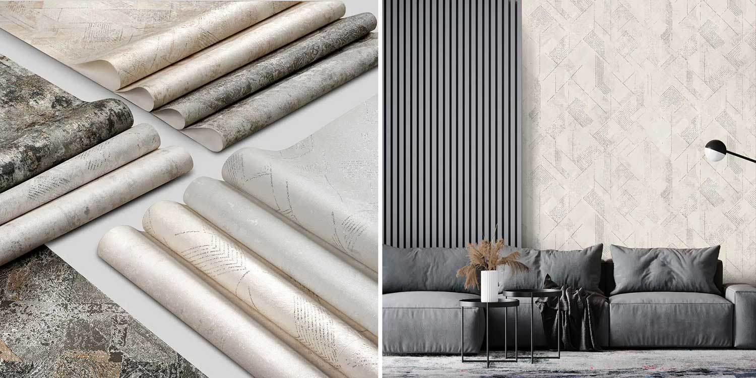 کاغذ دیواری تیتانیوم طرح هندسی مربعی با رنگبندی نقره‌ای اکلیل‌دار (کد 11034) در دیوار پذیرایی مدرن