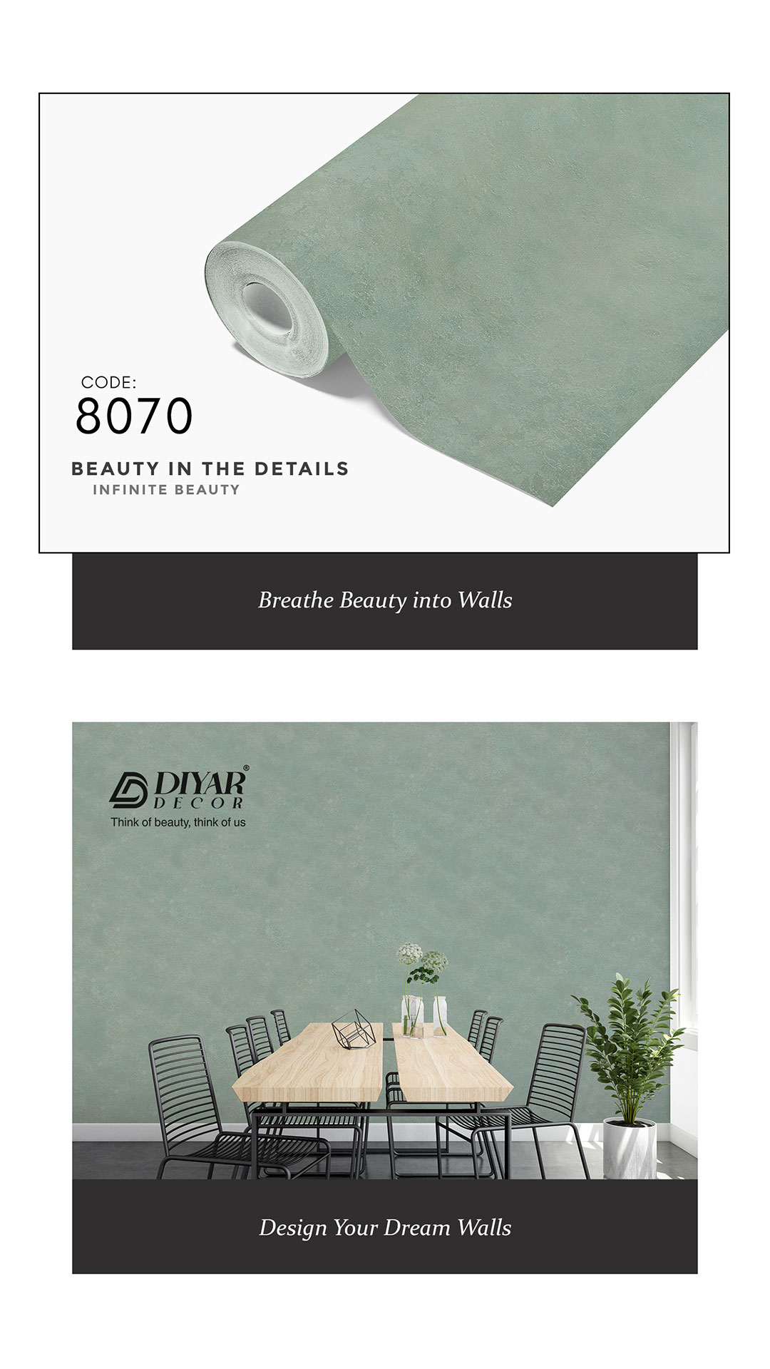 کاغذ دیواری سبز مایل آرامش‌بخش کد 8070 از آلبوم کانتراست دیار دکور، مناسب اتاق خواب و مطالعه